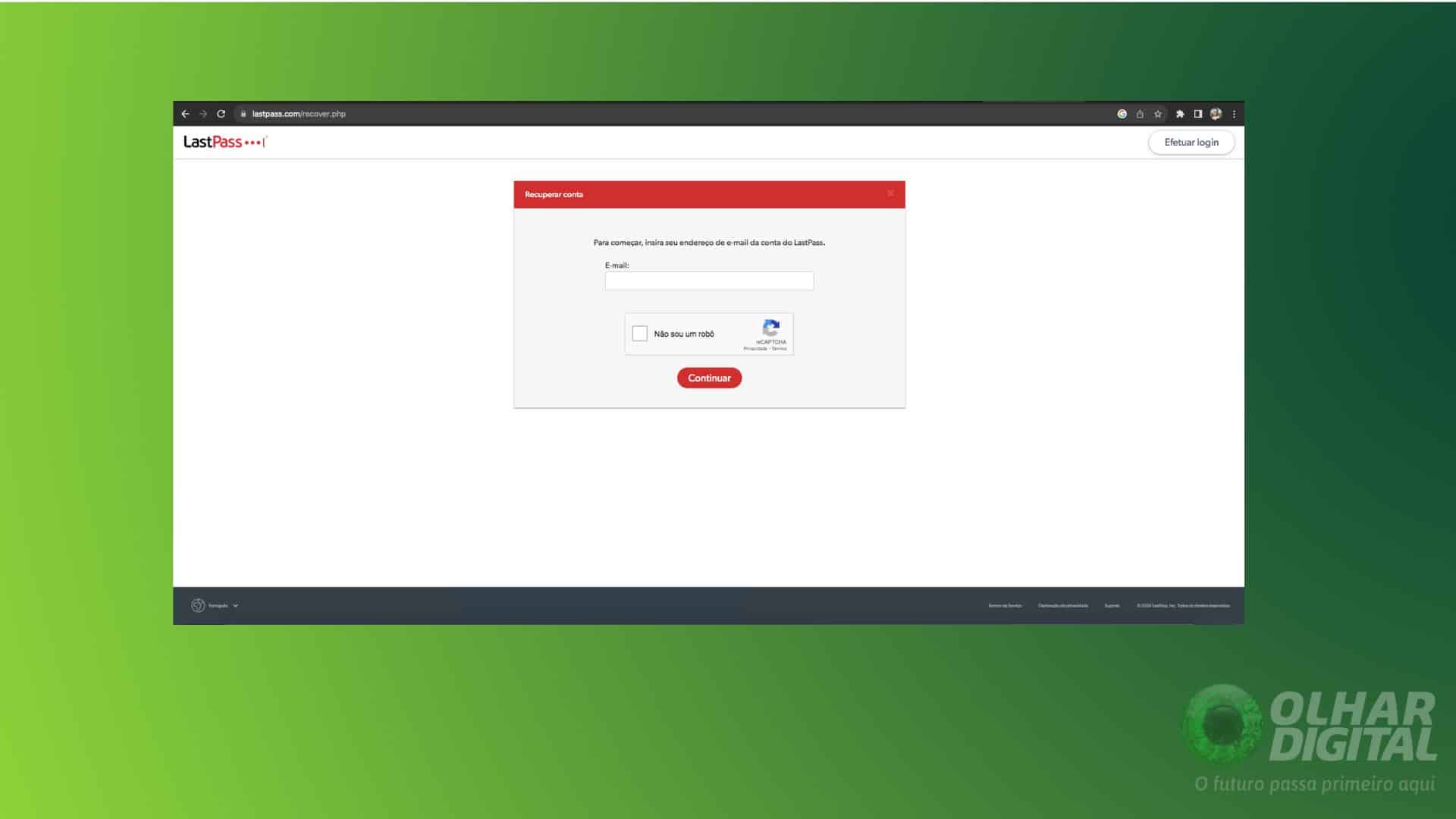 Página de recuperação de e-mail do LastPass