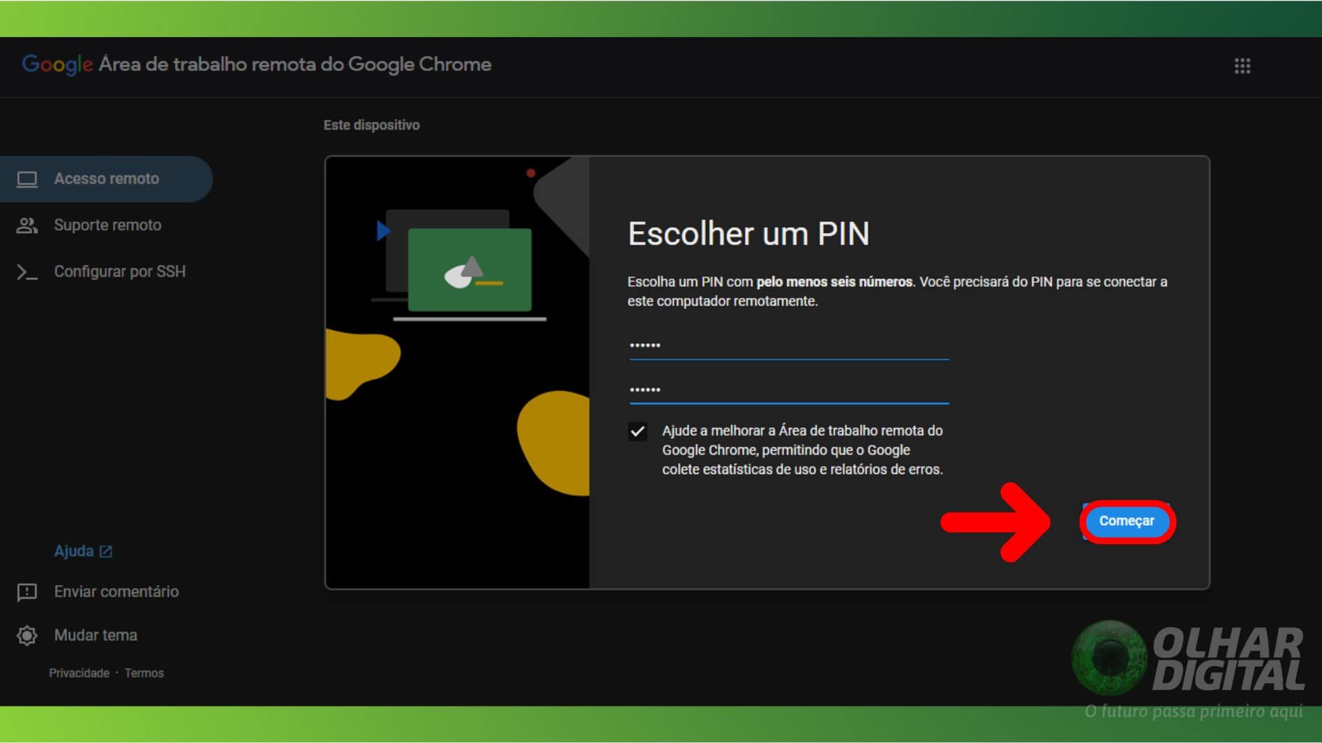 Configurações de PIN no Chrome Remote Desktop