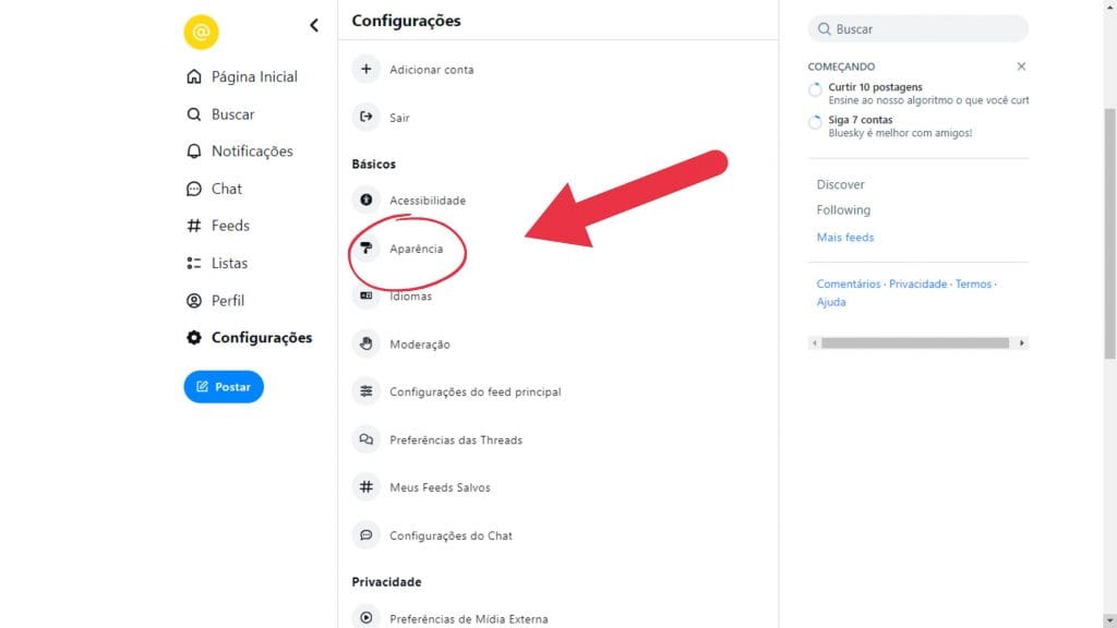 Navegação para a opção de aparência nas configurações do Bluesky