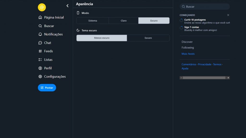 Opções de modo escuro nas configurações do Bluesky
