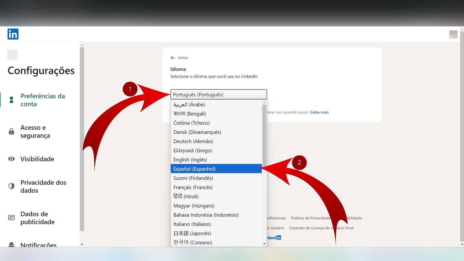 Finalizando a mudança de idioma no LinkedIn