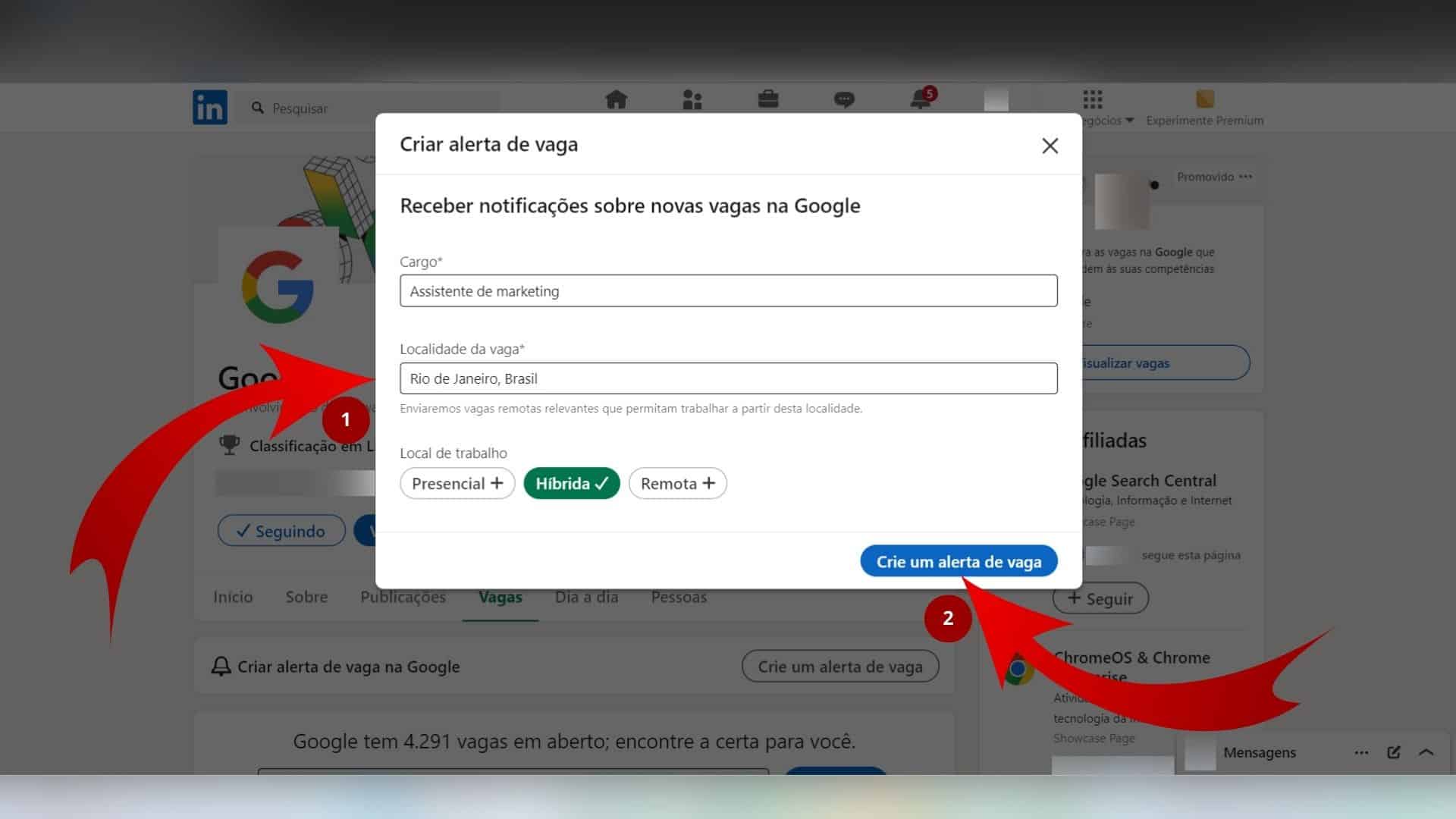 Configurando alerta de vaga no LinkedIn