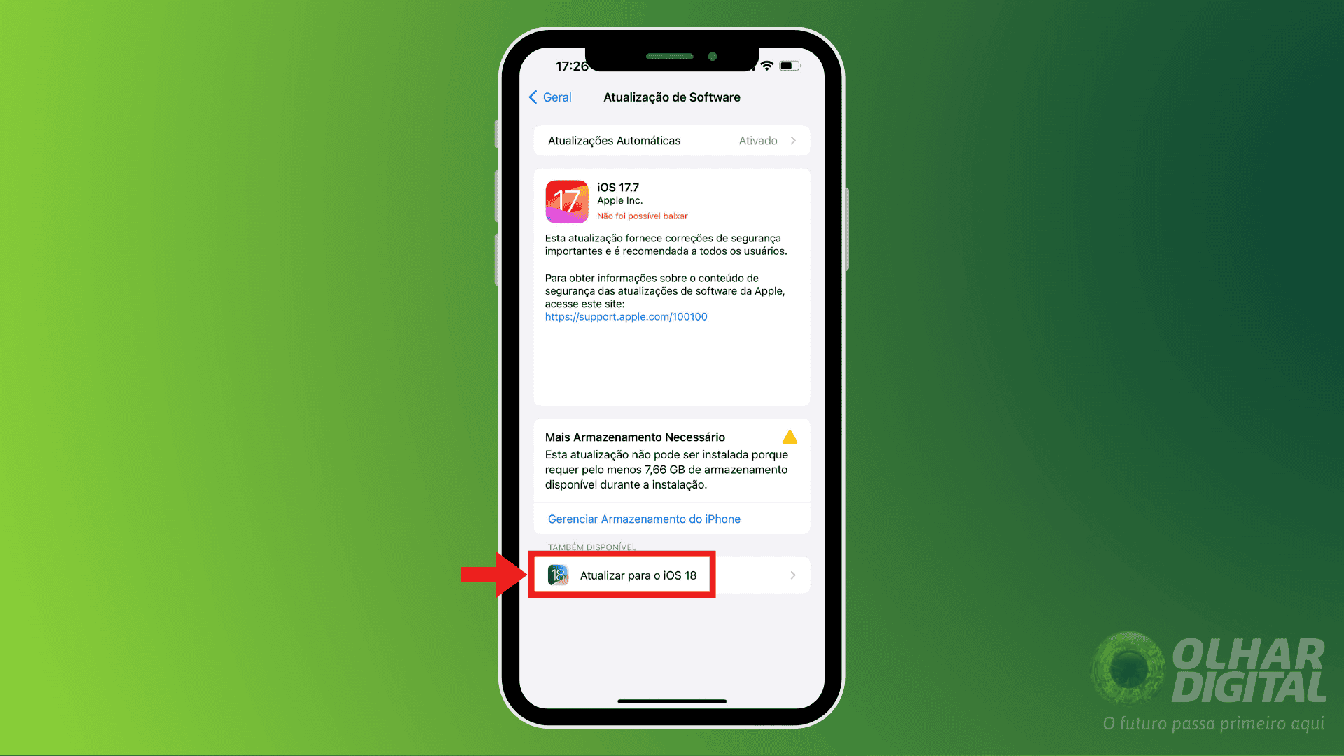 Tela de confirmação para atualização do iOS 18