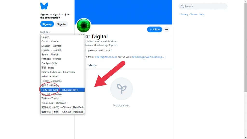 Selecionando o idioma no Bluesky pelo computador