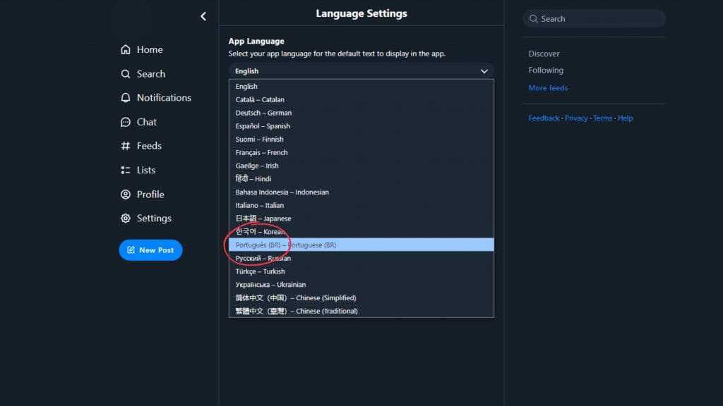 Mudando idioma para português no Bluesky