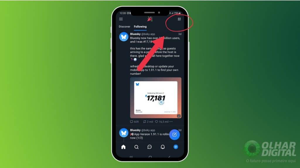 Interface do Bluesky mostrando o ícone de hashtag