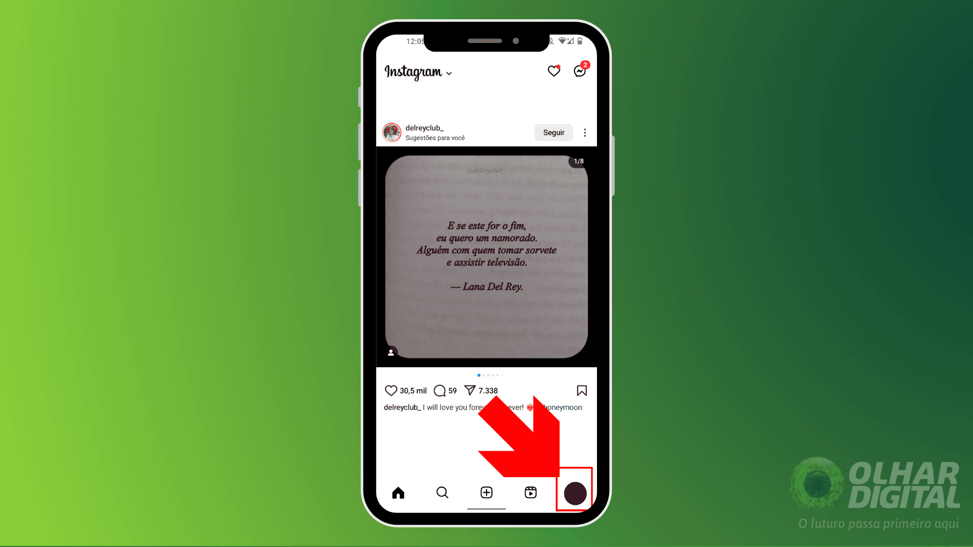 Imagem exibindo uma seta que indica onde clicar para acessar o perfil no Instagram.