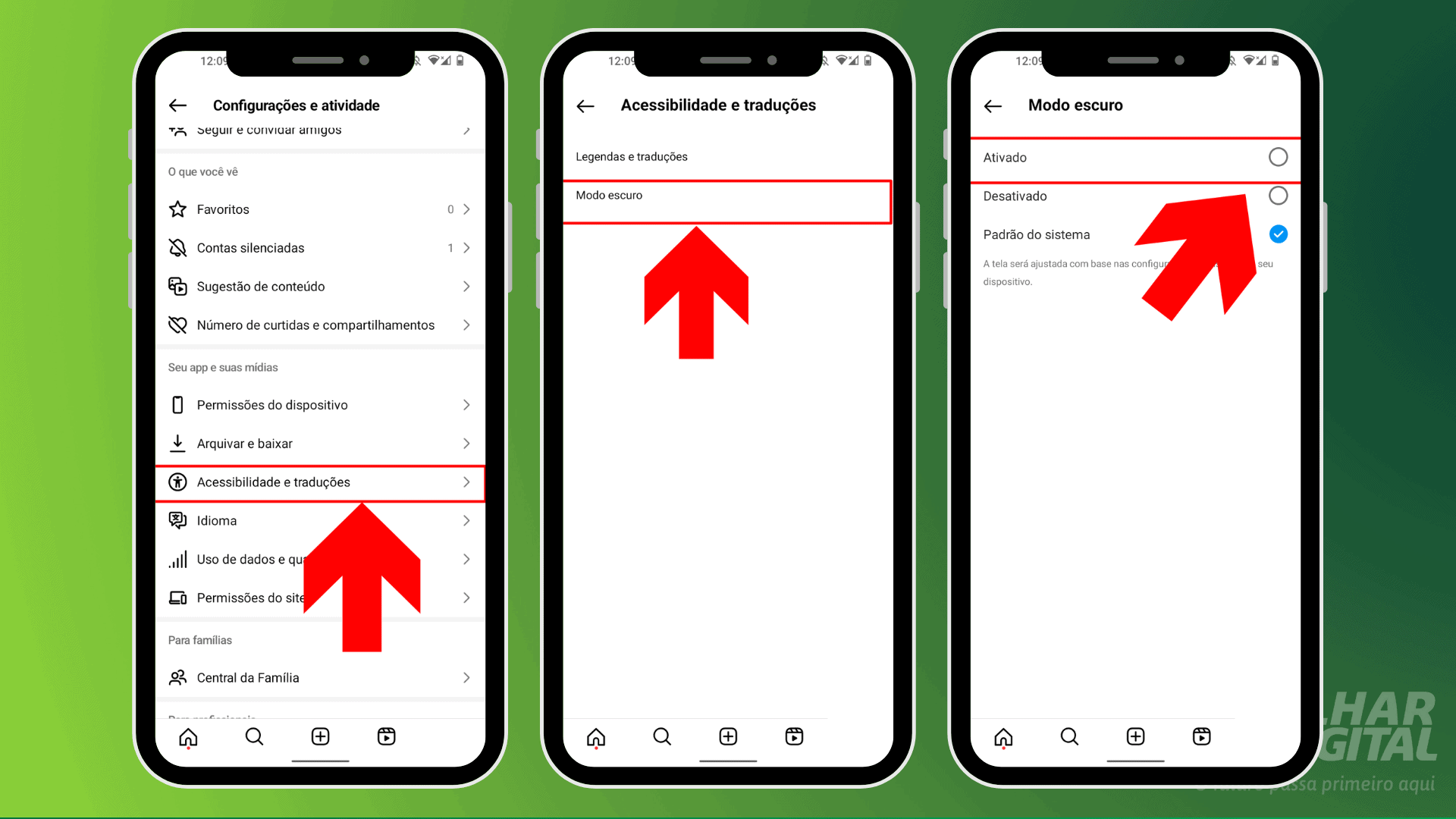 Imagem mostrando os botões necessários para a ativação do modo escuro no Instagram.