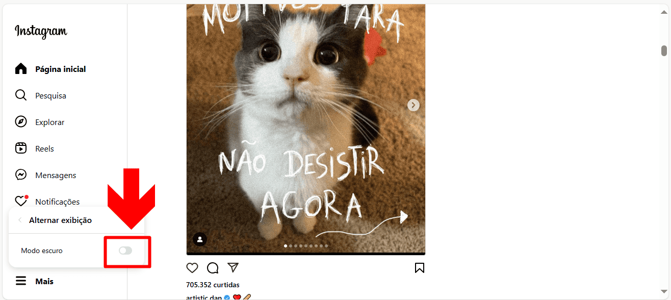 Imagem do botão para ativar o modo escuro no Instagram.