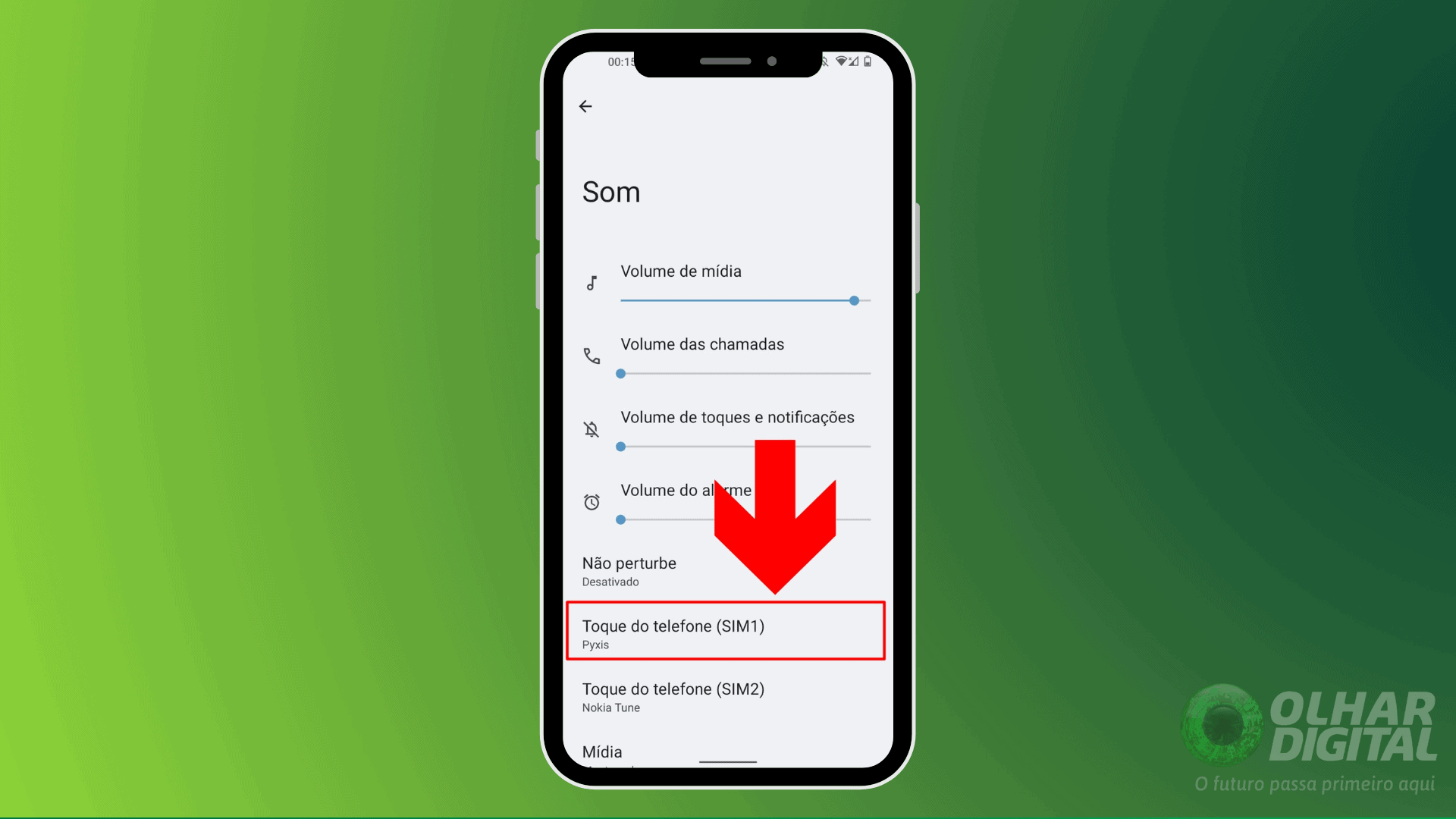 Imagem destacando o chip SIM1 em um celular Android