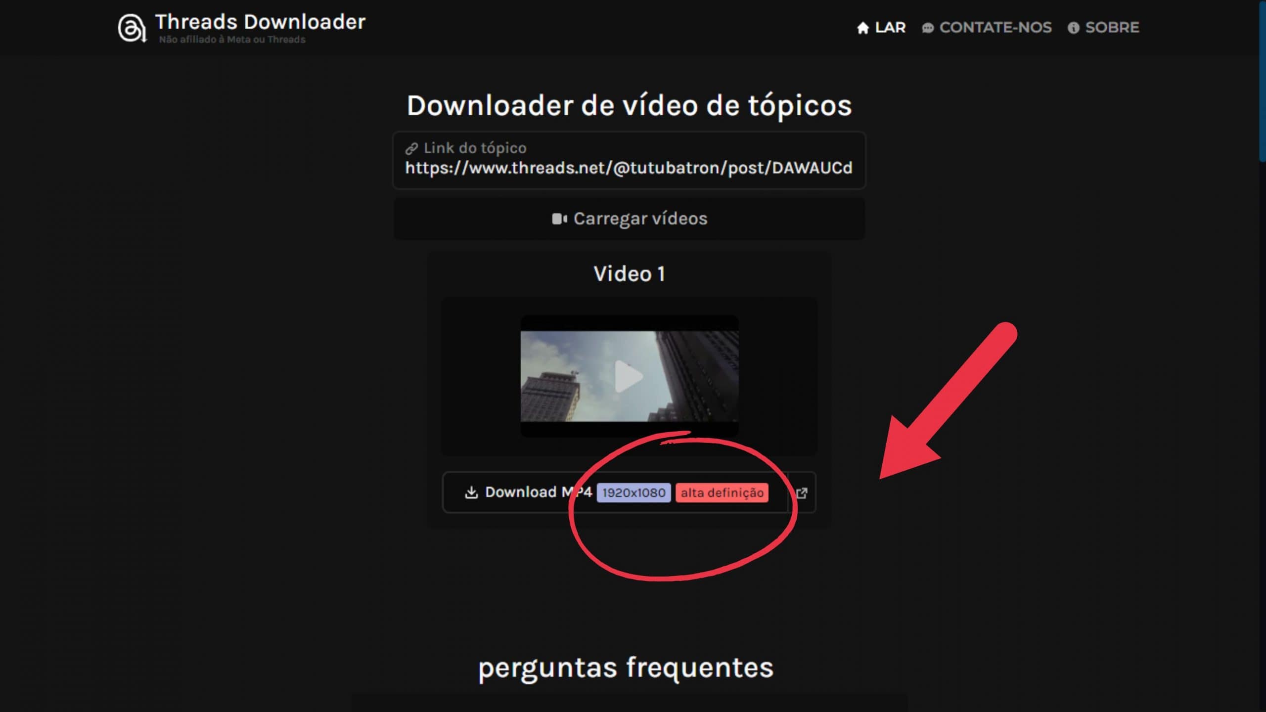 Fazendo o download do vídeo no ThreadsDownloader