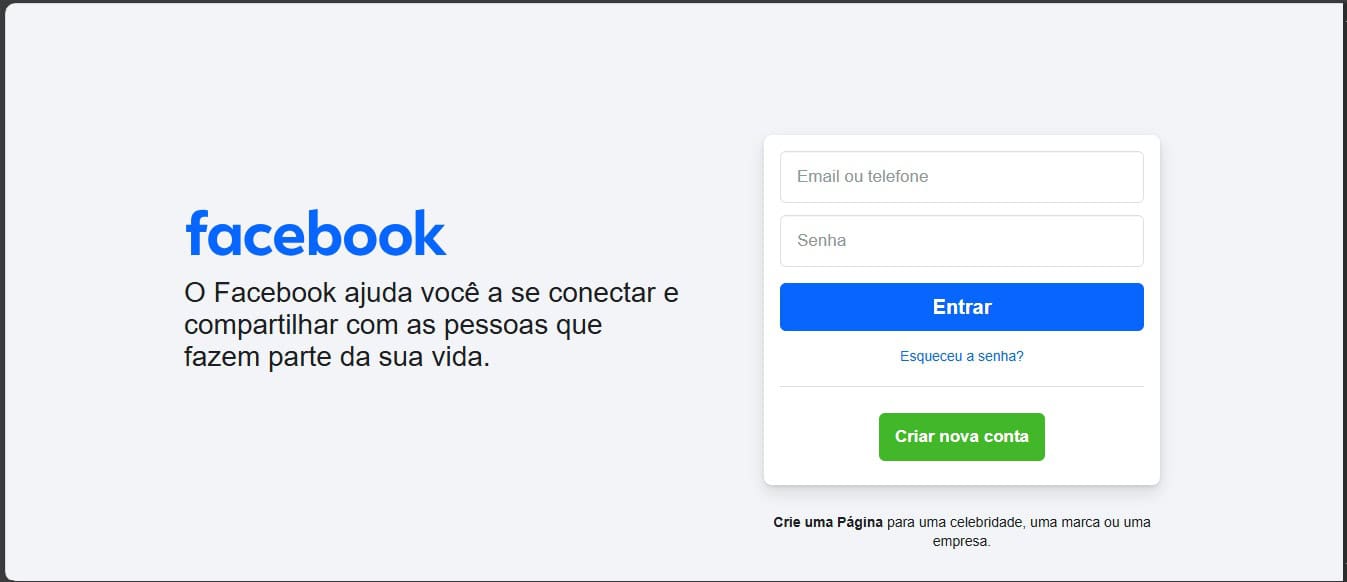 Página de login do Facebook