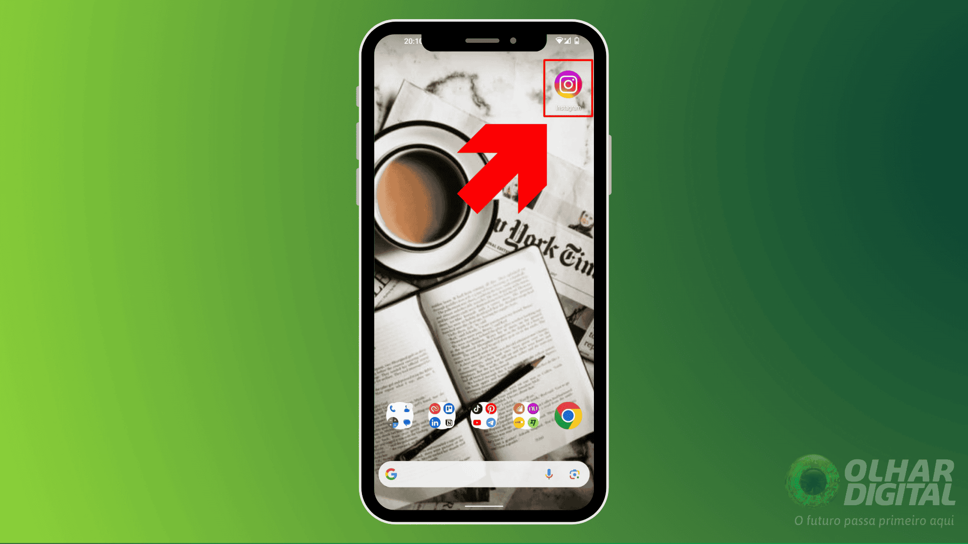 Imagem com uma seta apontando para o ícone do Instagram.