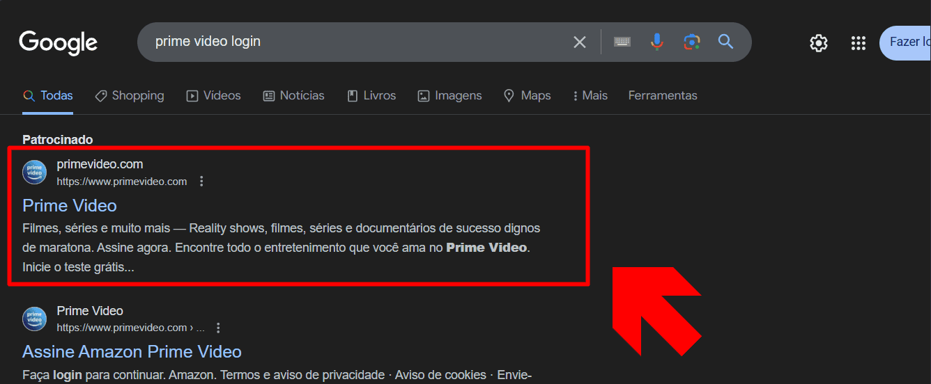 seta apontando o link para abrir o site do amazon prime video