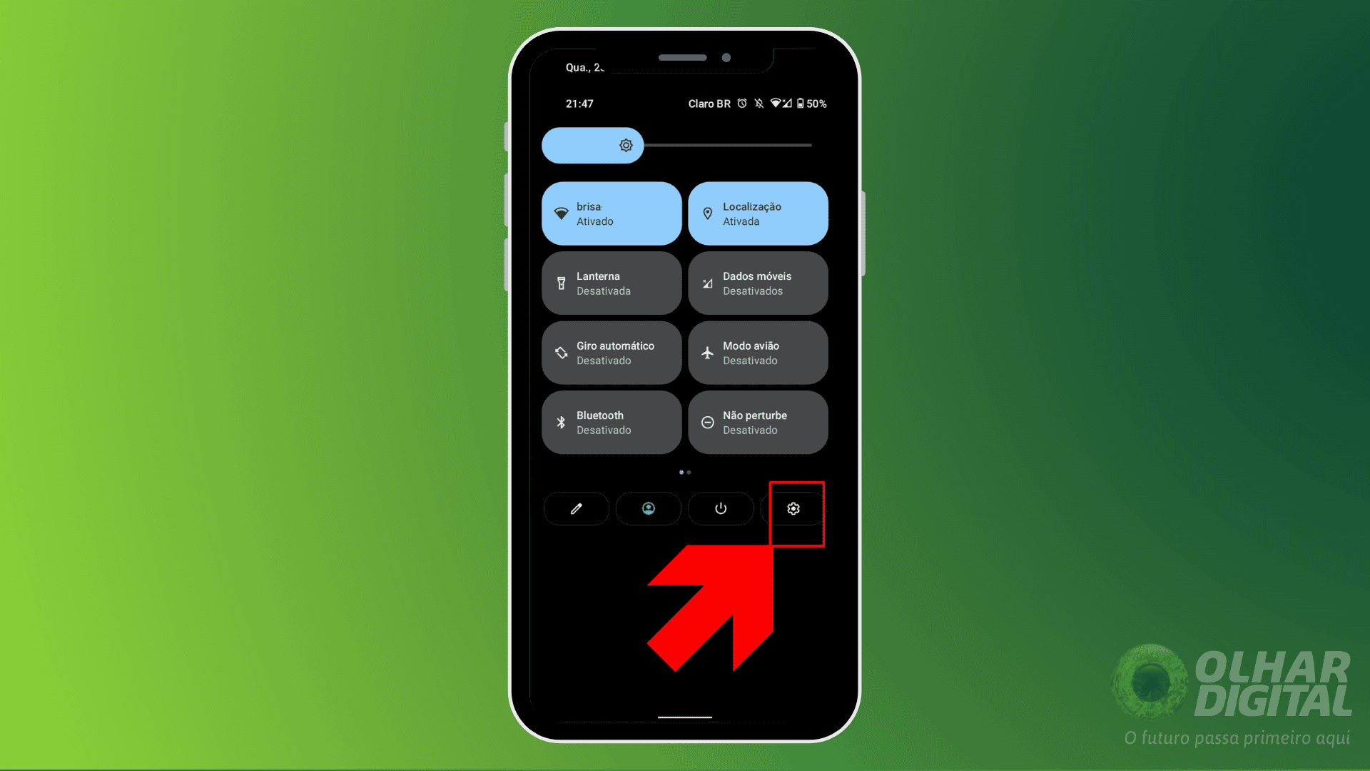 Seta apontando para o botão de configurações