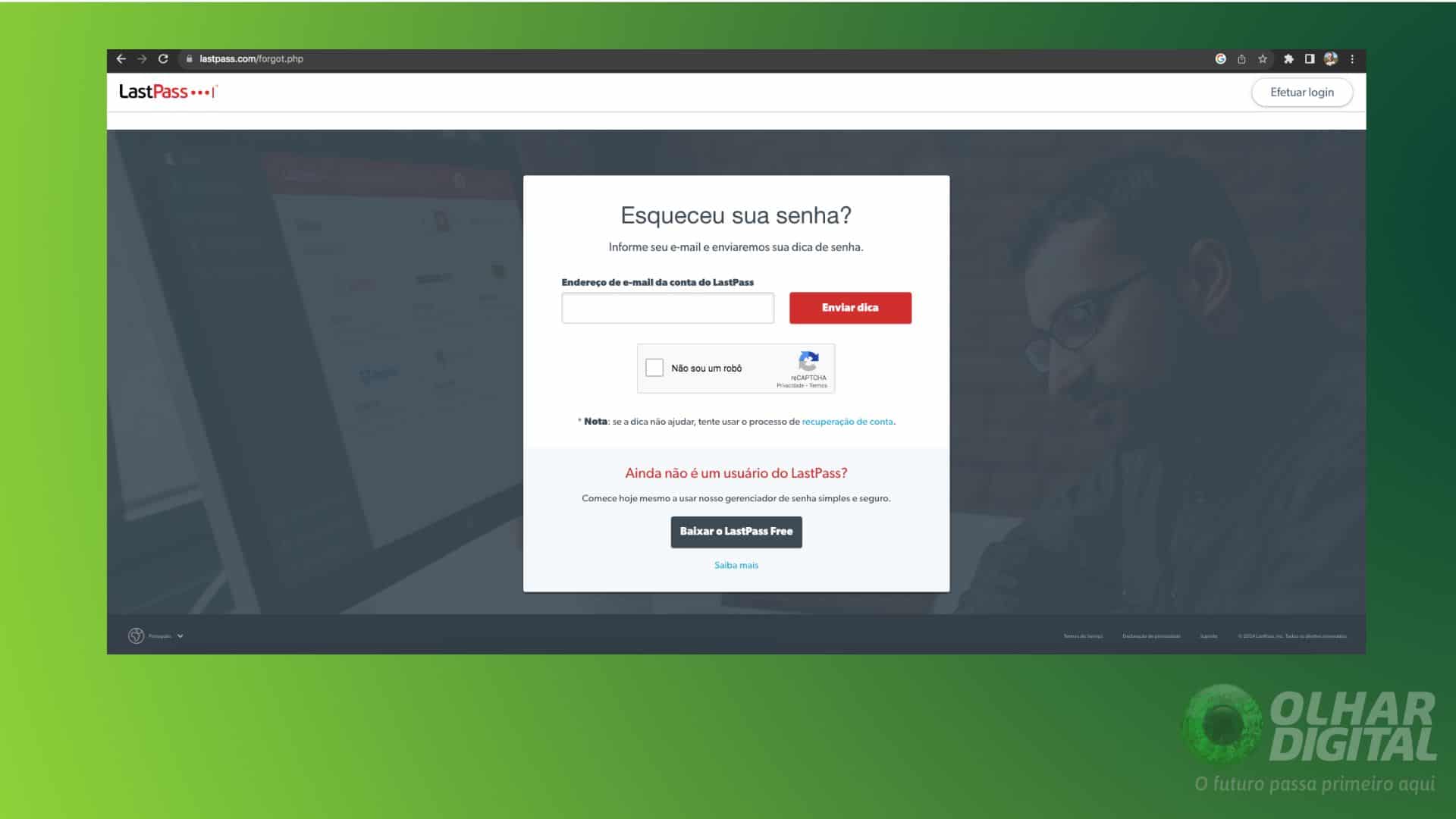 Tela inicial do LastPass para recuperação de senha