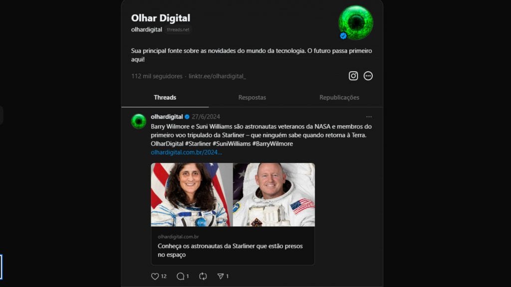 Página do Olhar Digital no Threads