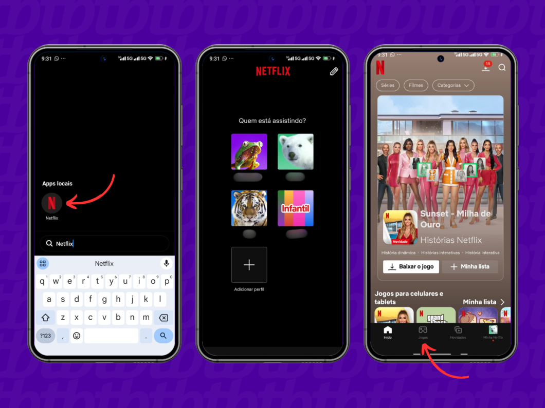 Acessando a guia de jogos da Netflix pelo celular