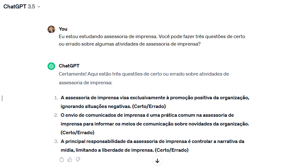 Exemplo de prompt no ChatGPT