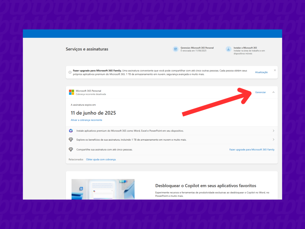 Área de assinaturas na conta Microsoft.