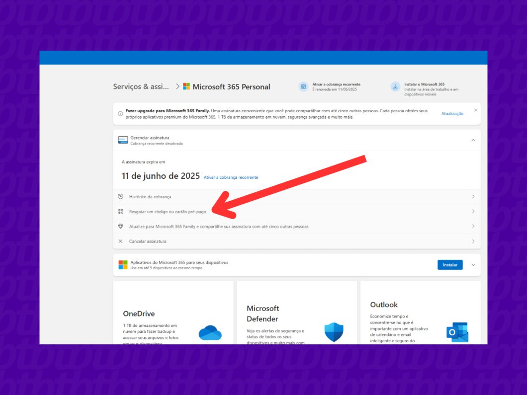 Área de gerenciamento da assinatura do Microsoft 365.