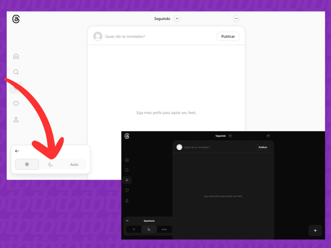 Captura de tela do site Threads mostrando a ativação do modo escuro