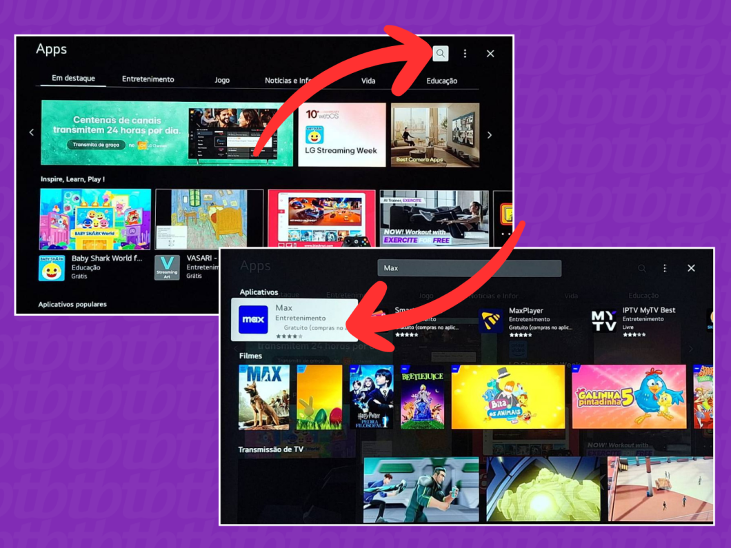 Captura de tela de uma TV LG mostrando a busca pelo app Max