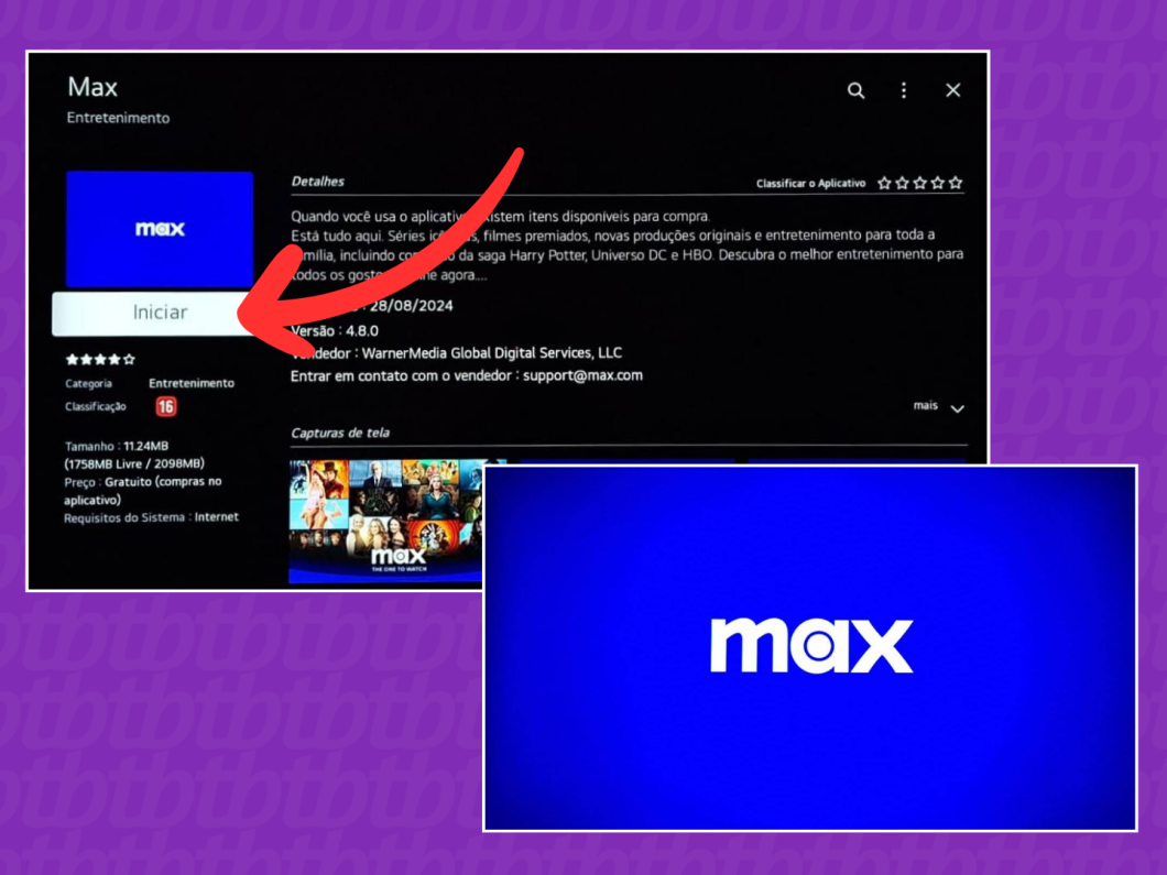 Captura de tela da TV LG exibindo a tela de início do app Max