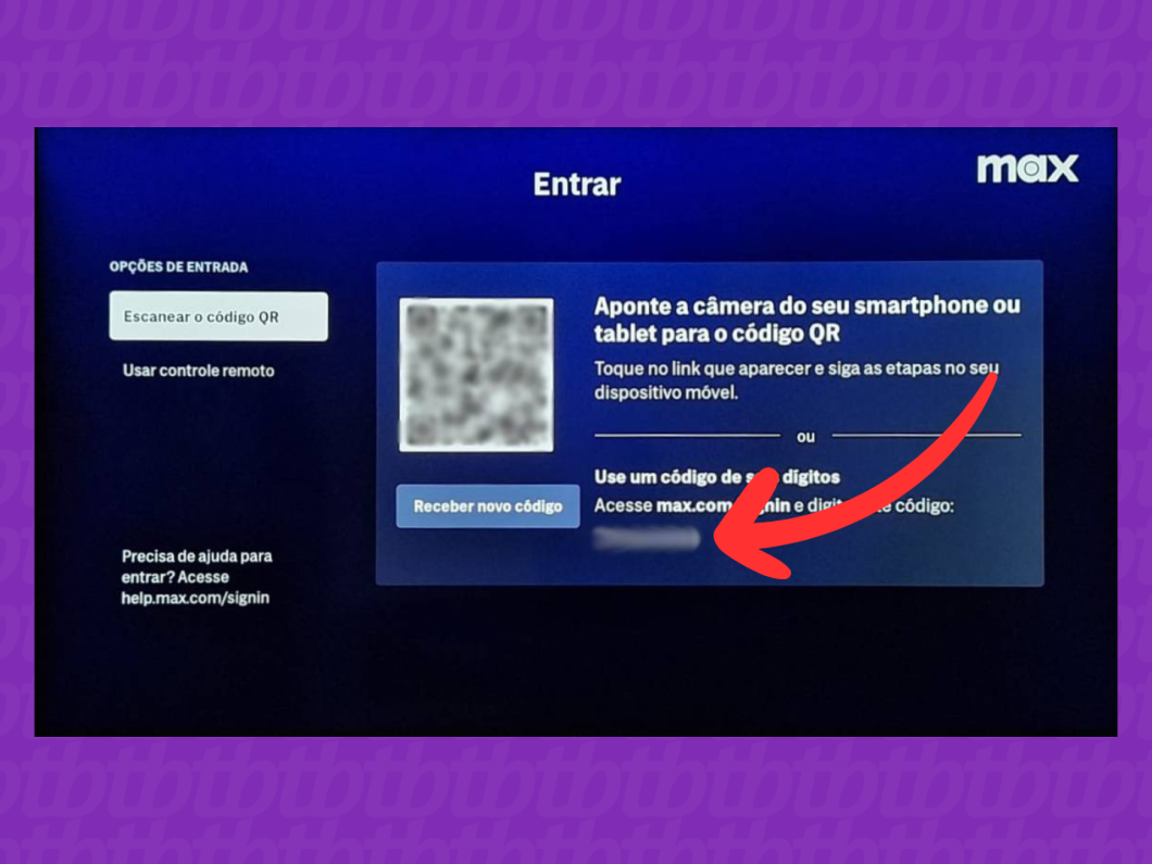 Captura de tela do aplicativo Max exibindo o código de registro do dispositivo