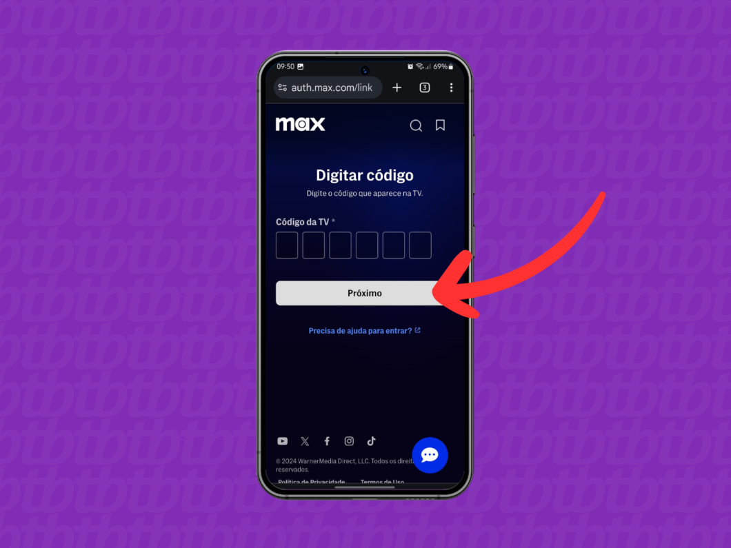 Captura de tela do site Max mostrando como registrar o código da smart TV