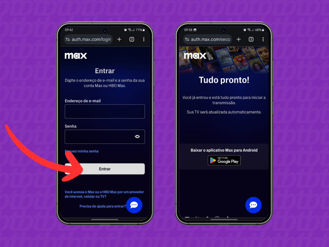 Captura de tela do site Max mostrando como fazer login para registrar a smart TV