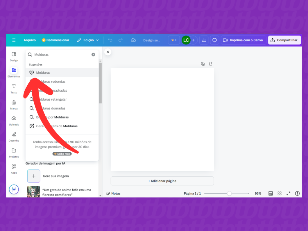 Screenshot do Canva mostrando como acessar a aba elementos e pesquisar por molduras