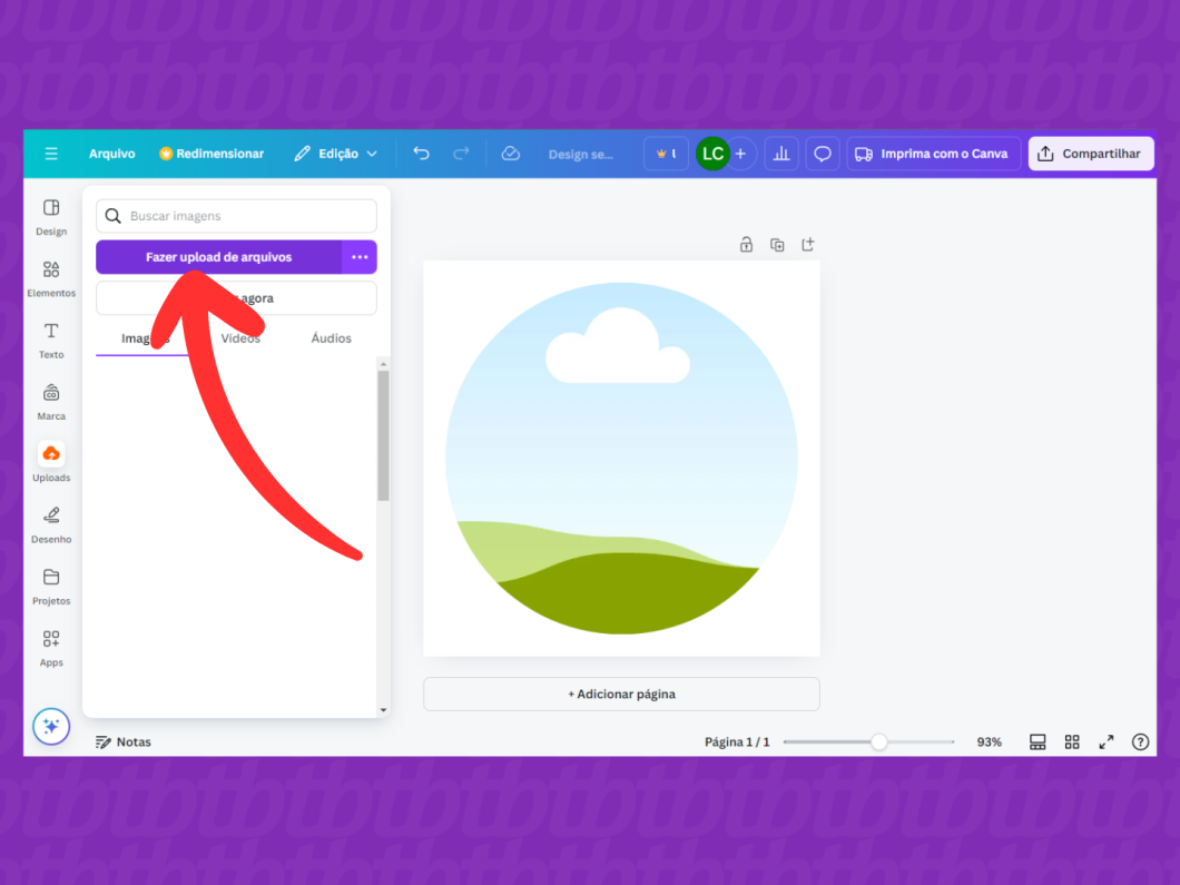 Screenshot do Canva mostrando como fazer upload de uma imagem