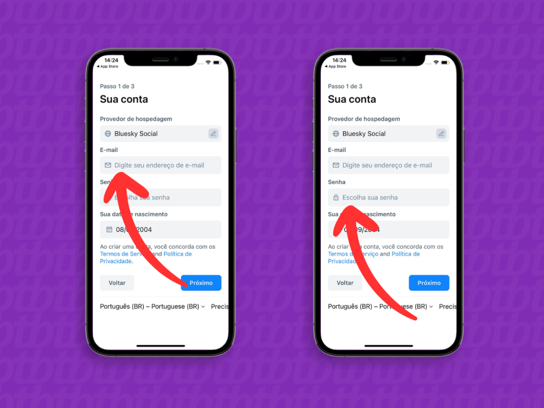 Captura de tela do aplicativo Bluesky mostra como cadastrar e-mail e senha