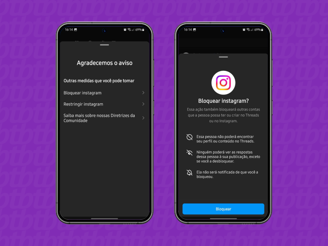 Imagem do aplicativo Threads mostrando como bloquear ou restringir um perfil após a denúncia de uma publicação