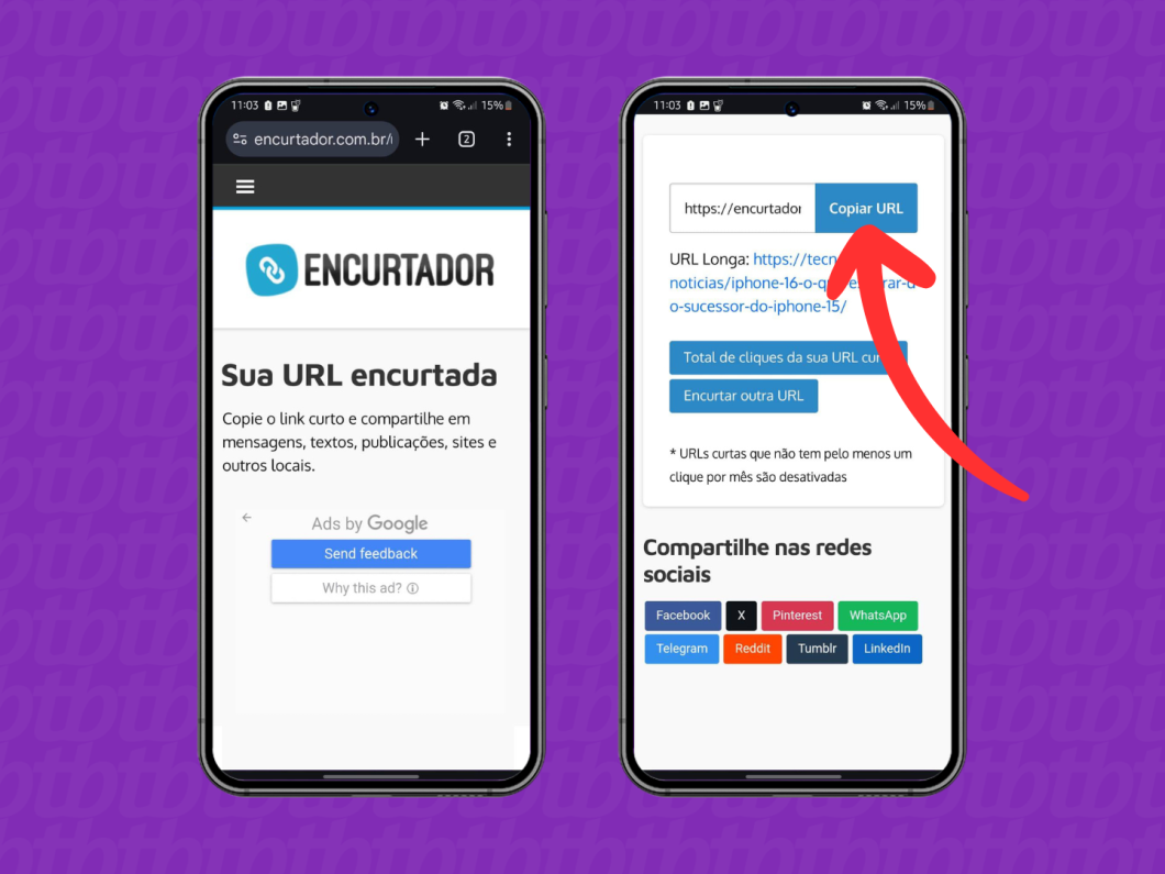 Capturas de tela do site Encurtador mostram como copiar a URL encurtada