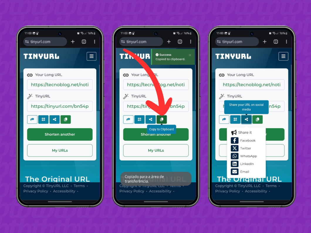 Capturas de tela do site TinyURL mostram como copiar a URL encurtada para a área de transferência ou compartilhar nas redes sociais