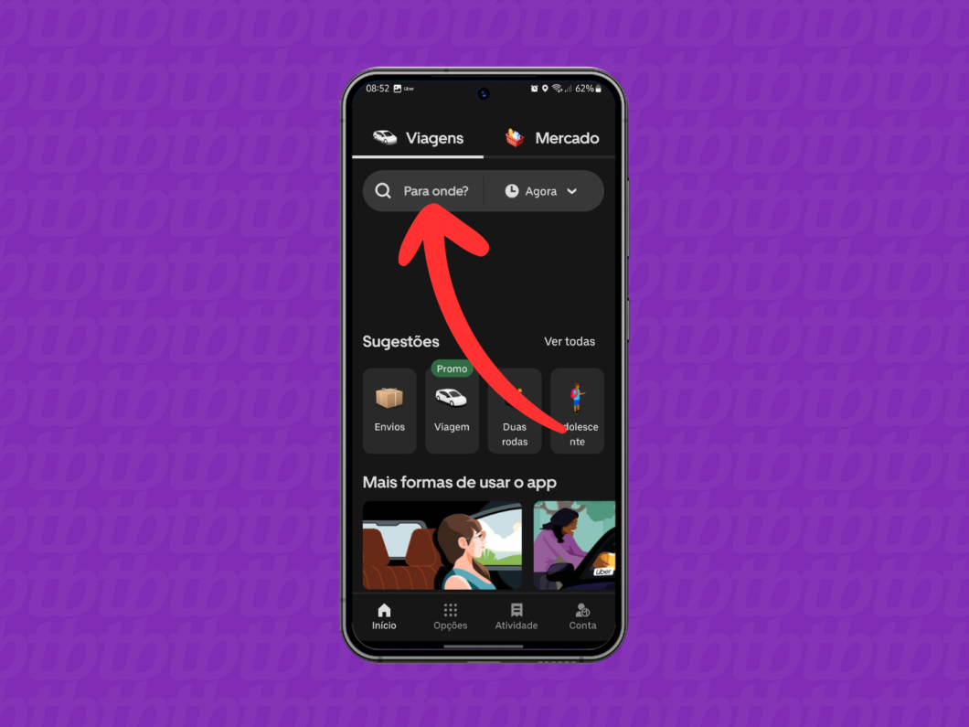 Exibição da opção 'Para Onde?' no aplicativo do Uber