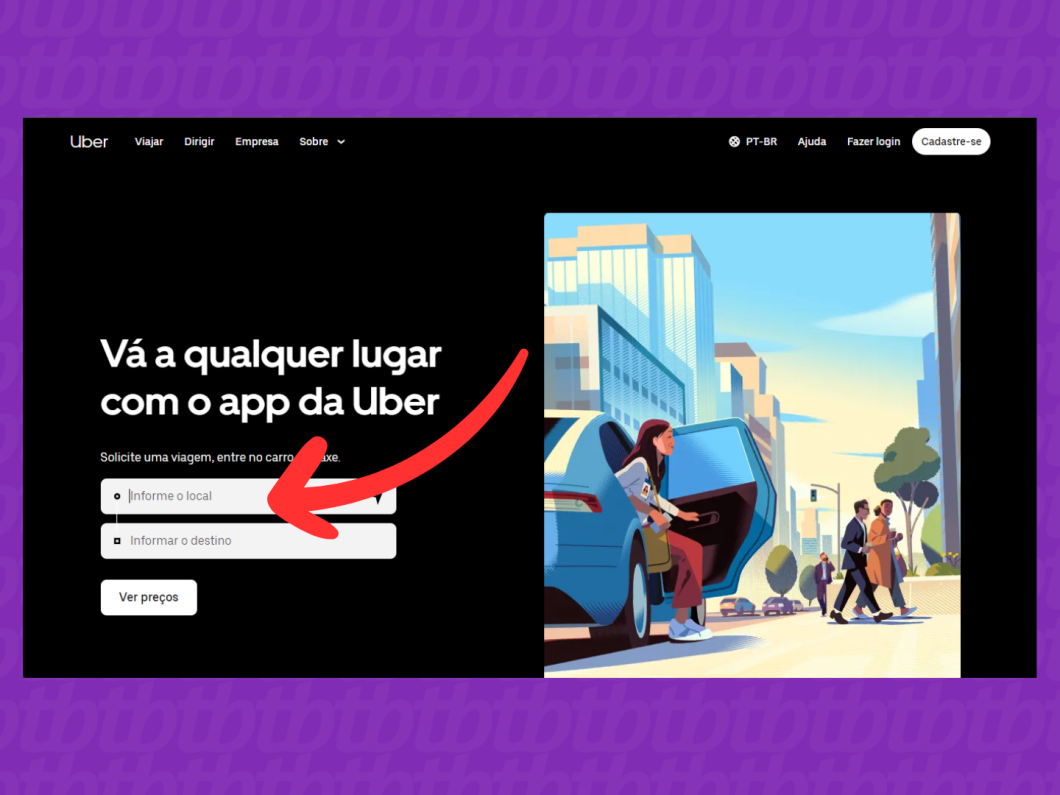 Campo para adicionar o endereço de partida no site do Uber