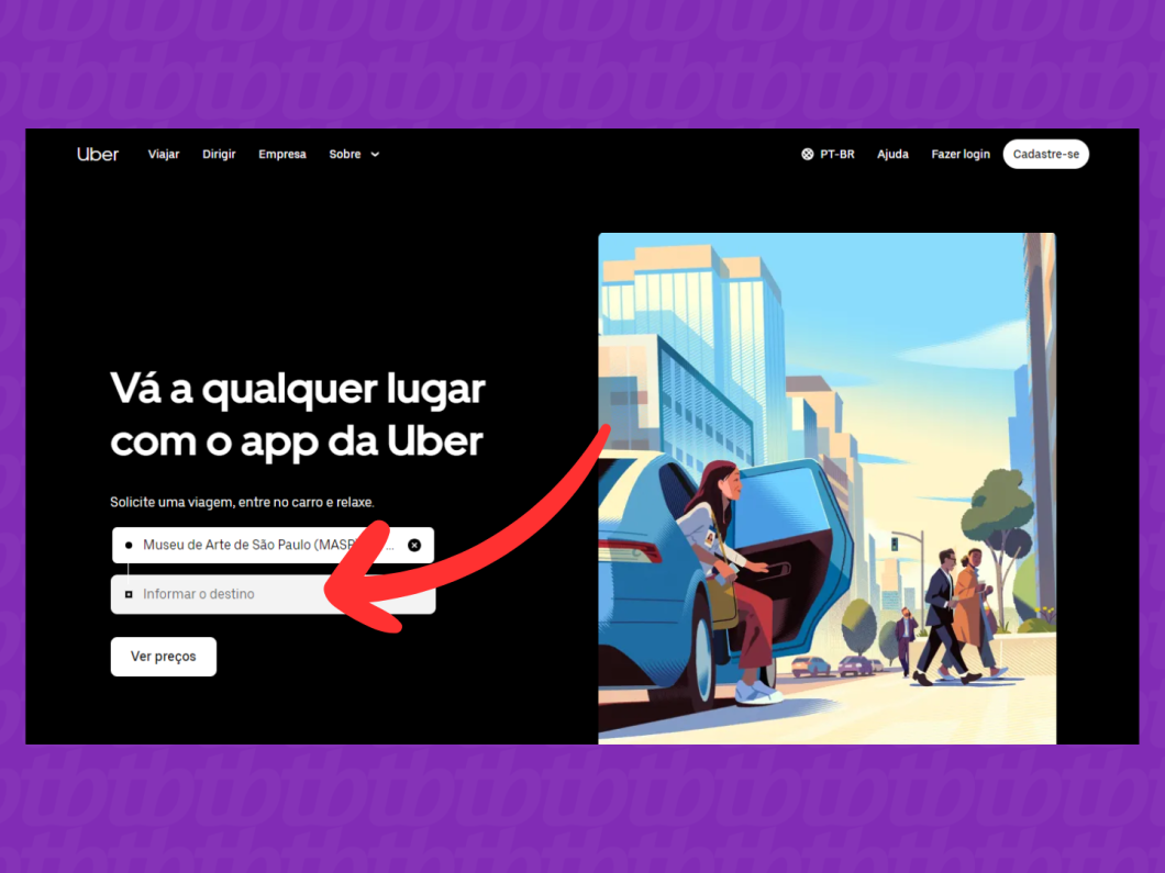 Adicionando o endereço de destino da corrida no site do Uber