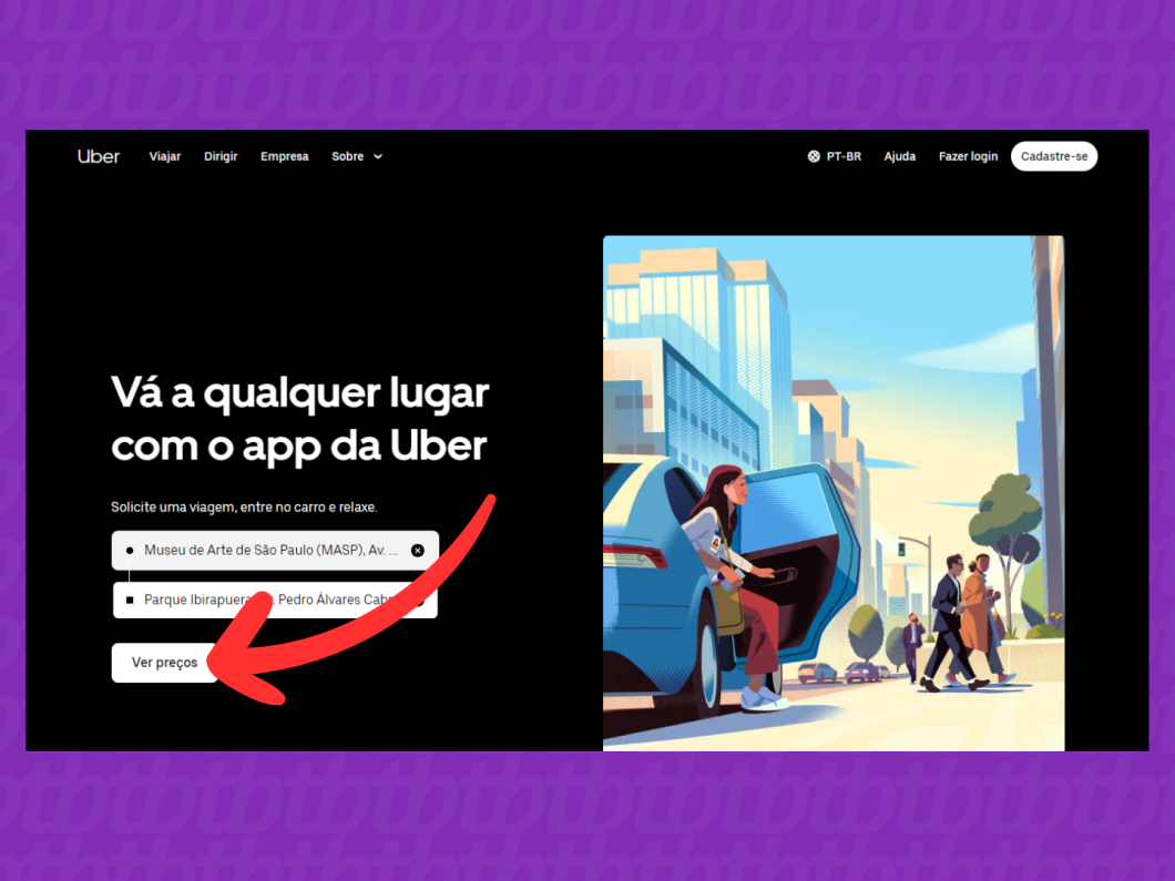 Acessando a ferramenta para calcular o preço da corrida no site do Uber