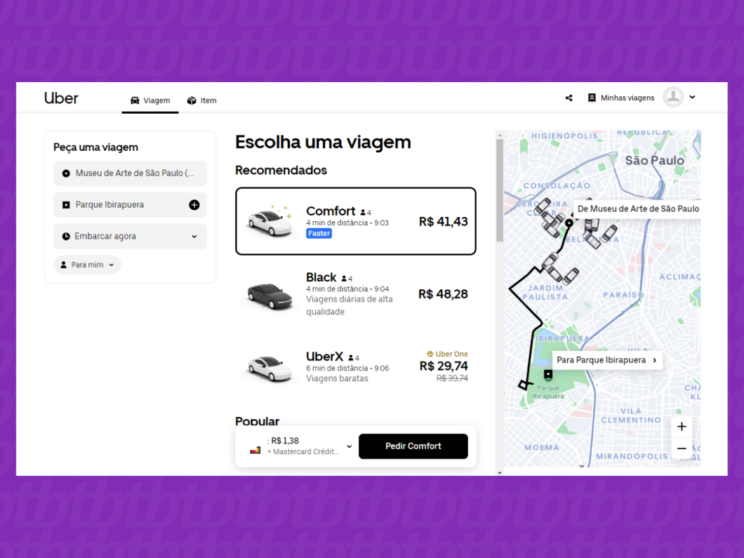 Consultando veículos disponíveis e valores da corrida no site do Uber