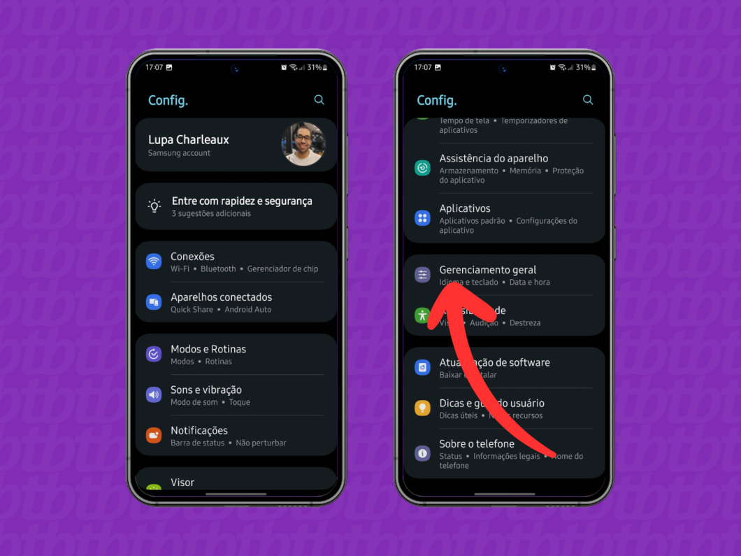 Captura de tela do celular Samsung mostrando como acessar o menu Gerenciamento Geral