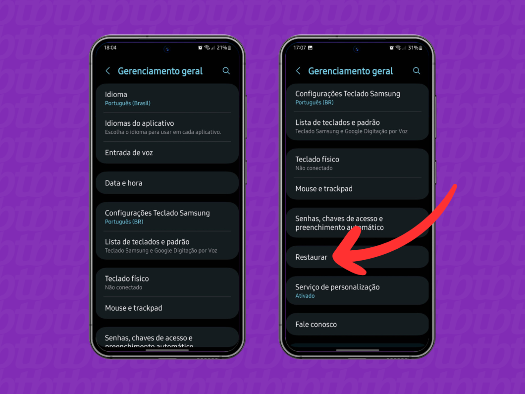 Captura de tela do celular Samsung mostra como acessar o menu Restaurar