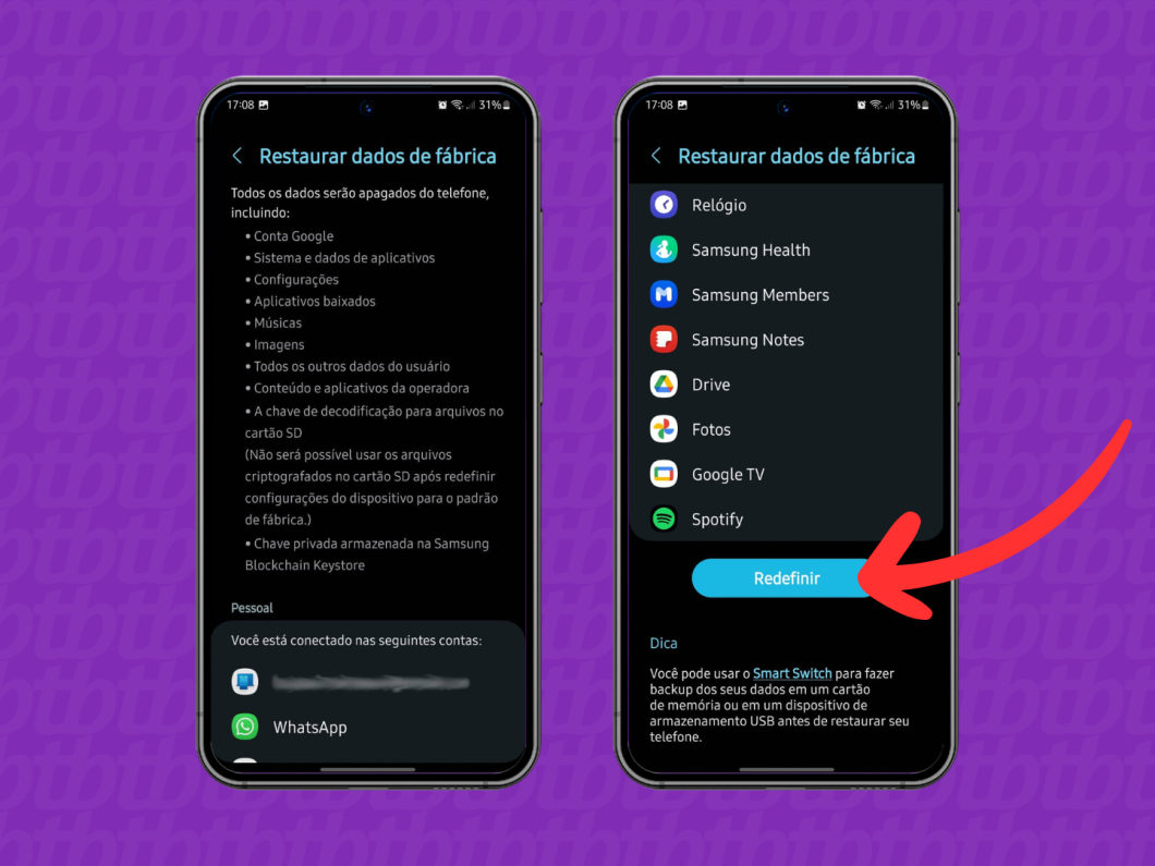 Captura de tela do celular Samsung mostra como usar a opção Redefinir