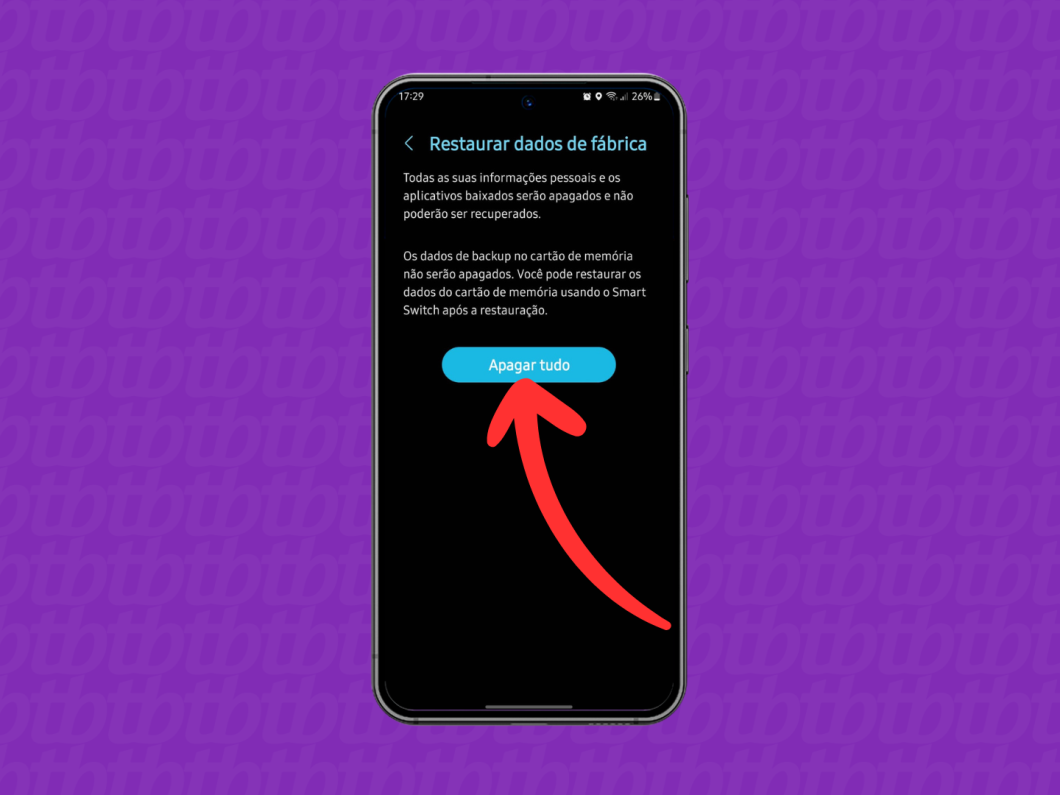 Captura de tela do celular Samsung mostra como usar a opção apagar tudo e restaurar dados de fábrica