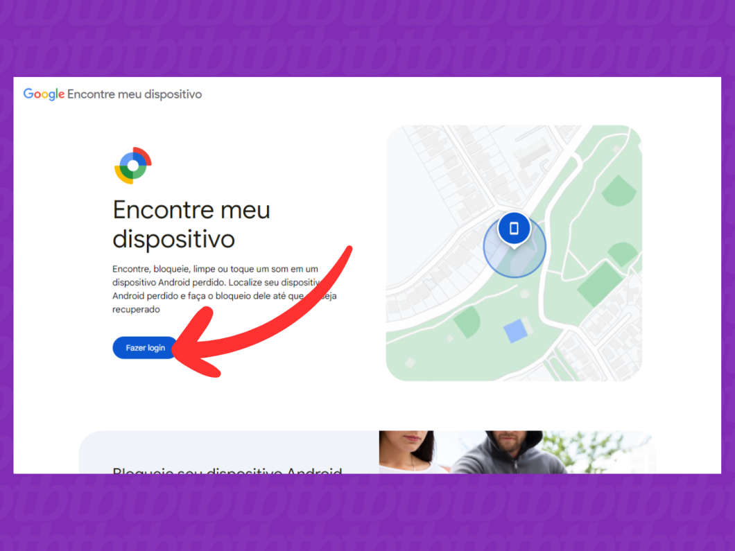 Captura da tela do site Encontre Meu Dispositivo do Google como mostra como realizar o login