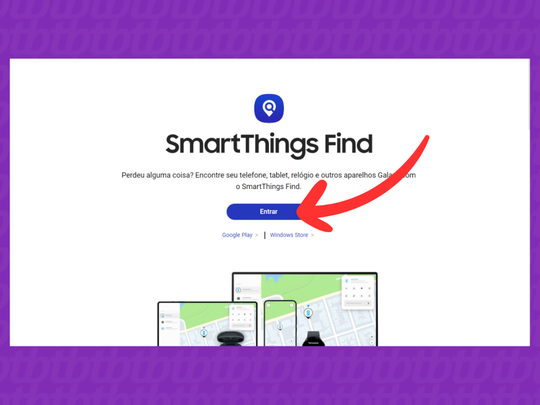 Captura de tela do site SmartThings Find da Samsung mostra como fazer login