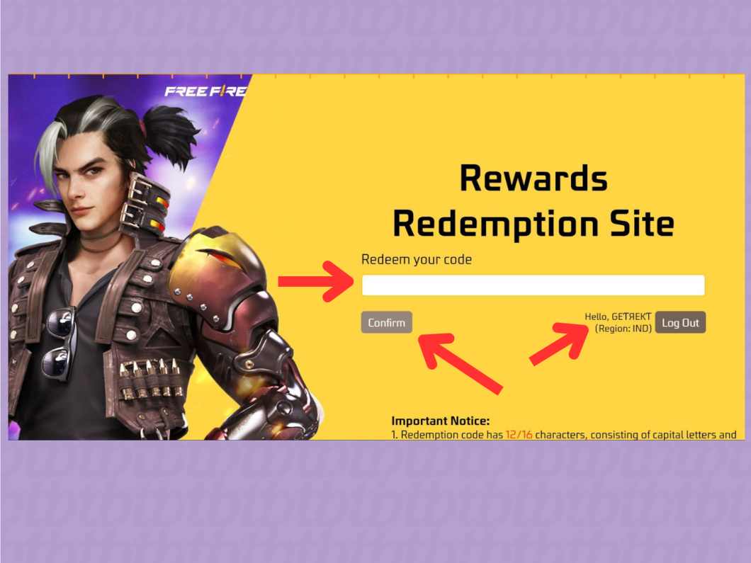 Captura de tela da página se inserção do código de Free Fire.