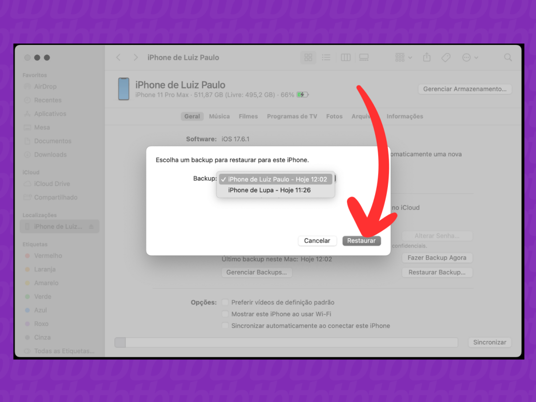 Selecionando o backup no Finder para restaurar